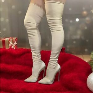Casadei technoblade satin pull on beige over knee boots Sz. 37     US 7